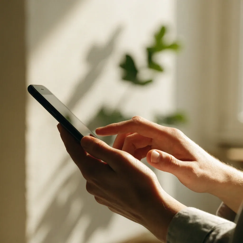 Ruke tipkaju kratku poruku na telefonu u svijetloj sobi
